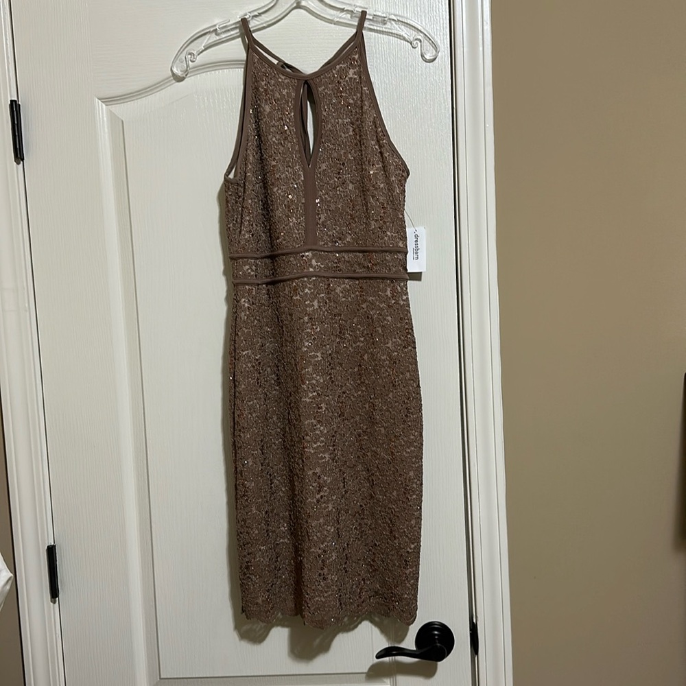 Taupe Lace and Sparkle Dress w/Front and Back Keyhole
